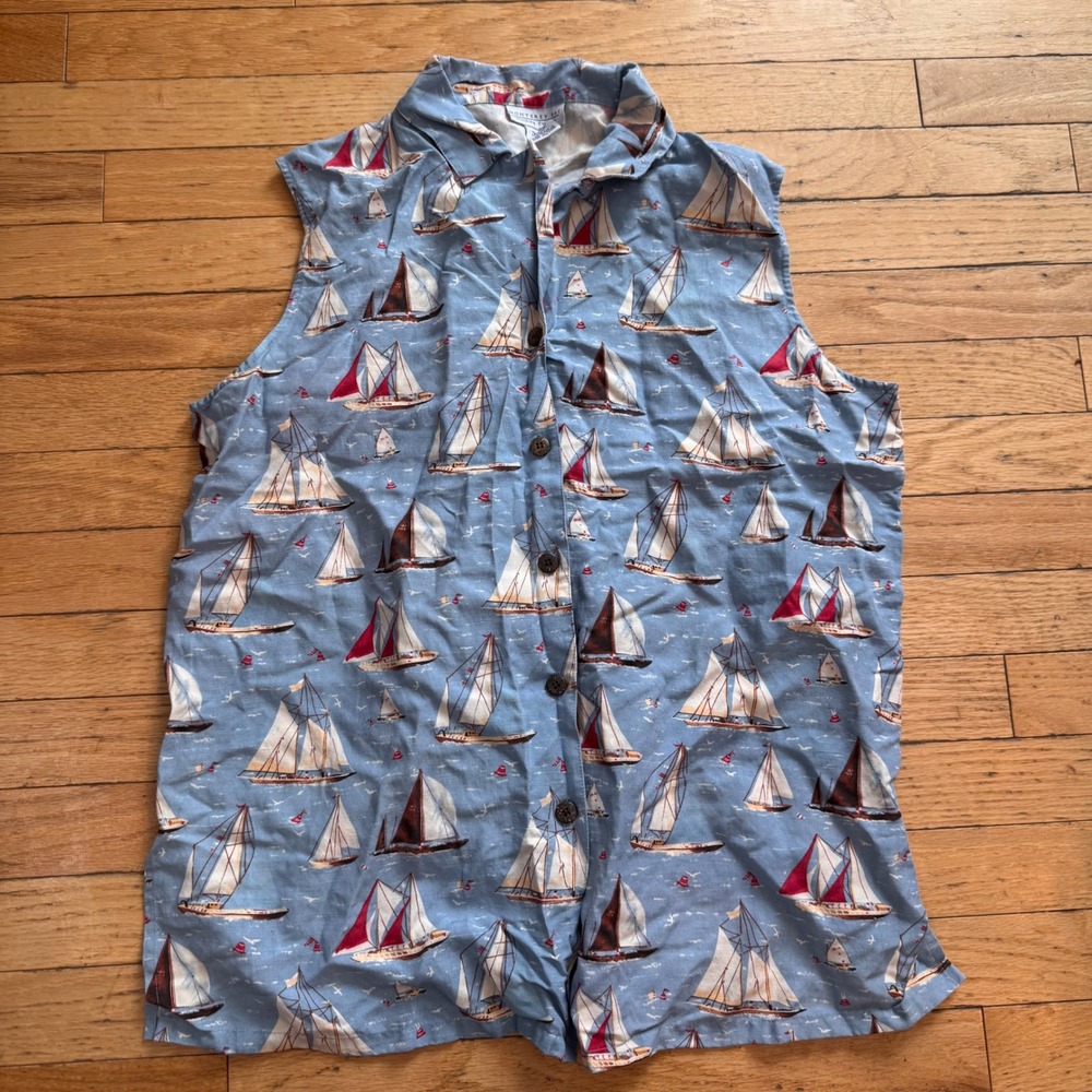 Monterey Bay  Sailboat Print Sleeveless‎ Button Up Shirt Blue Large Silk Linen
